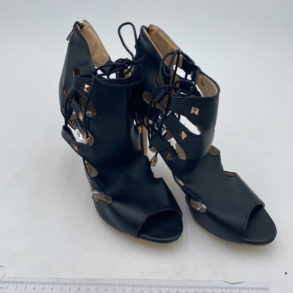 Black Peep Toe Stylish High Heel Pumps Lace Up Cut Out Stiletto Party Shoe - Picture 3 of 6